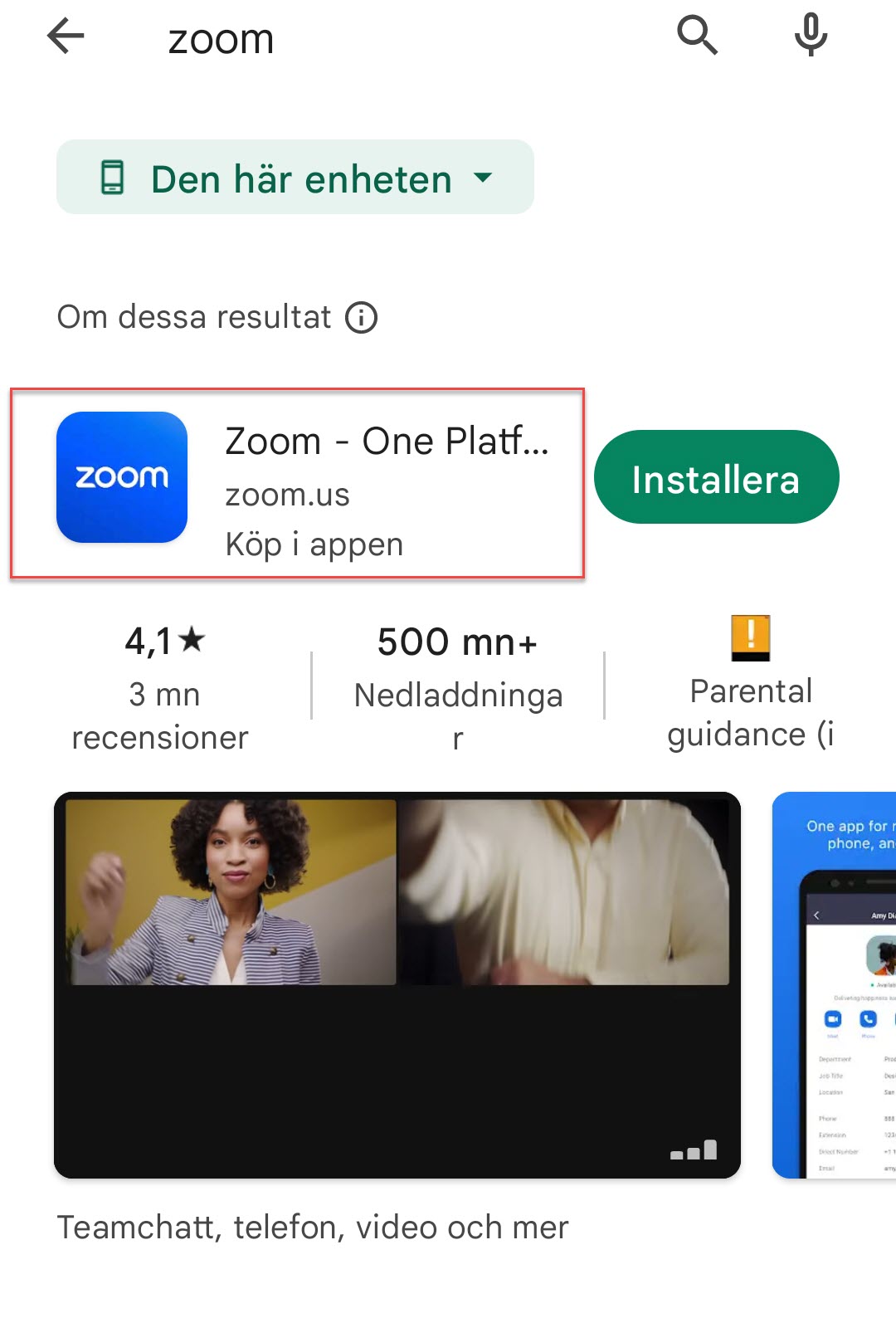 Zoom-appen i Google play.