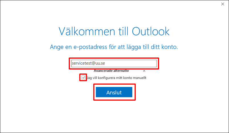 Fönstret Välkommen till Outlook.