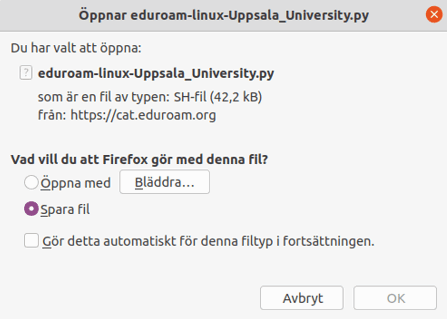 En fråga: Vad vill du att Firefox gör med denna fil?