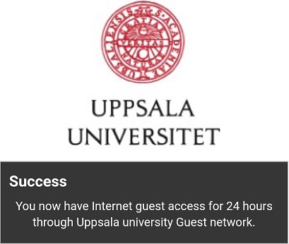 Ett meddelande: Success. You now have Internet guest access for 24 hours through Uppsala university Guest network.