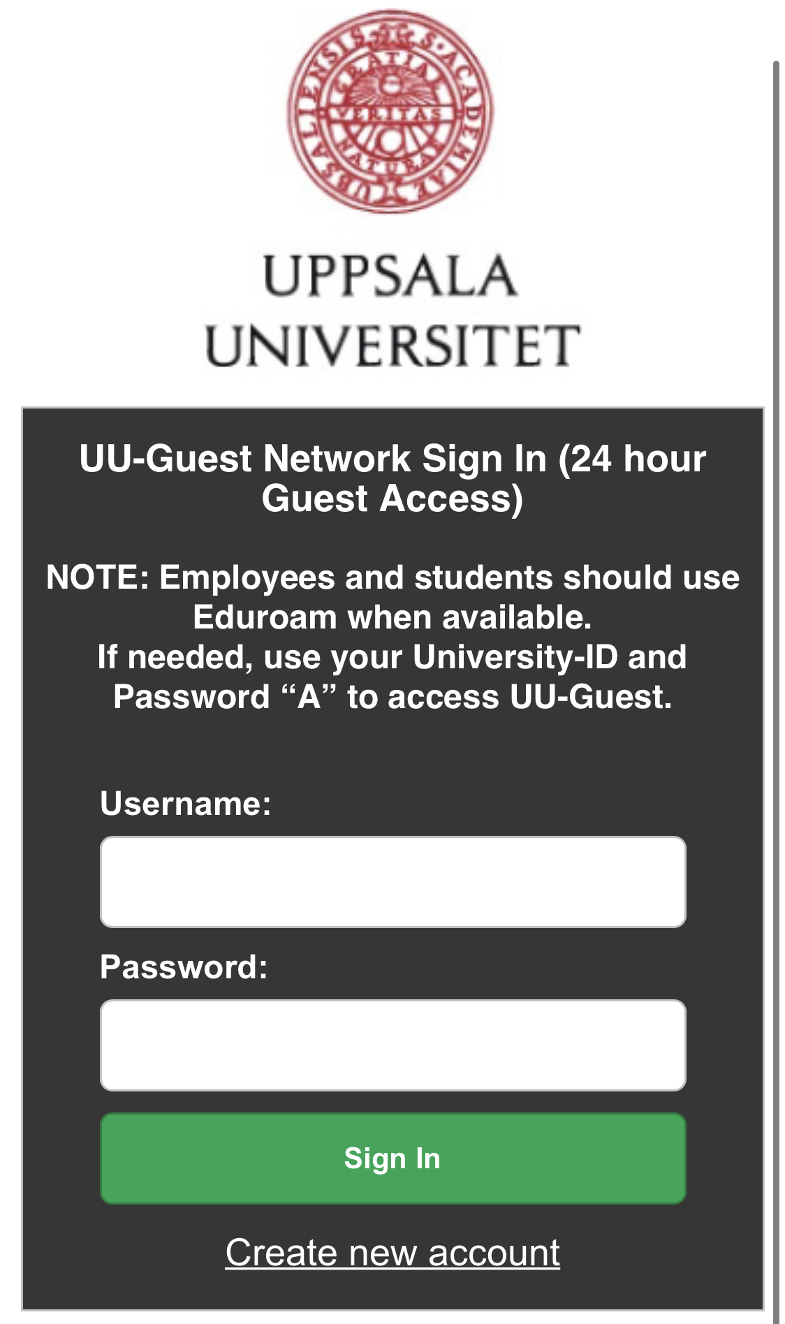 Inloggningsfönstret med rubriken UU-Guest Network Sign In (24 hour Guest Access).