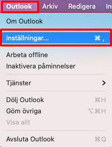 The menu under the Outlook tab.