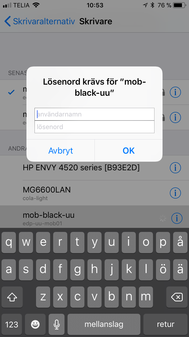 Ett meddelande: Lösenord krävs för "mob-black-uu".