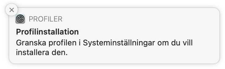 Ett meddelande: Granska profilen i Systeminställningar om du vill installera den.
