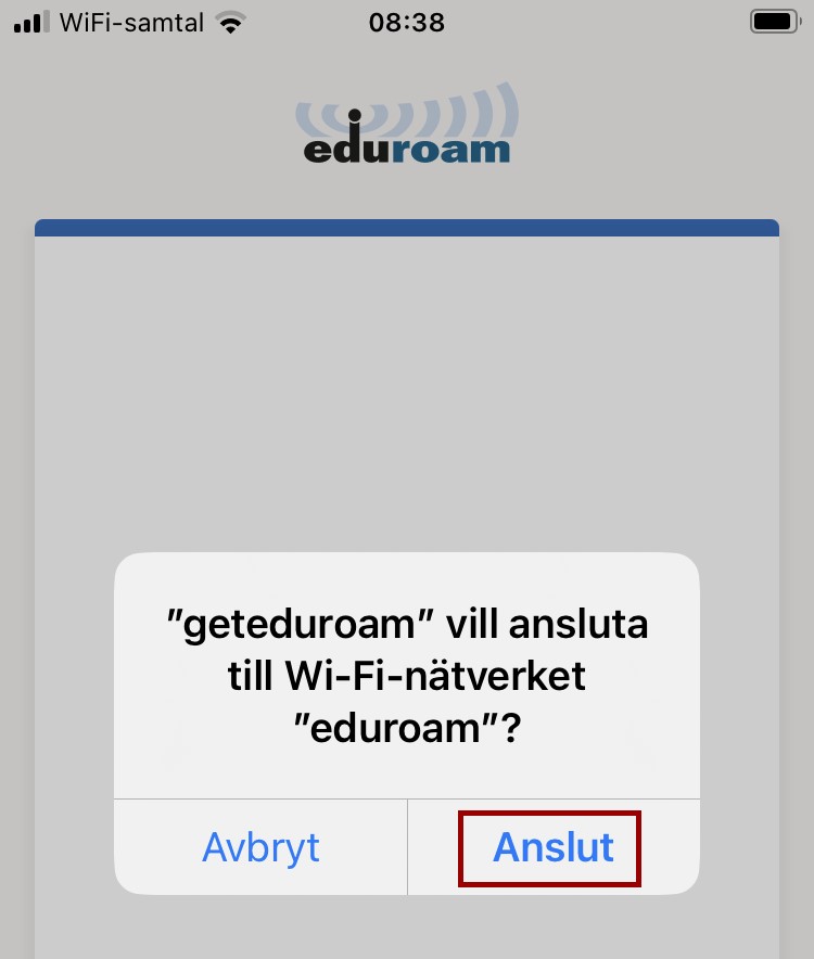 En fråga: "geteduroam" vill ansluta till Wi-Fi-nätverket eduroam?". 