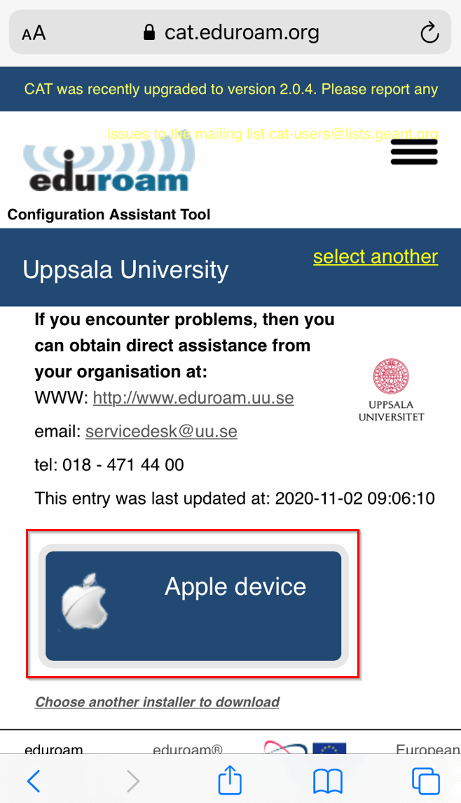 Eduroams webbsida med knapp för nedladdning av eduroam på Apple-enhet.