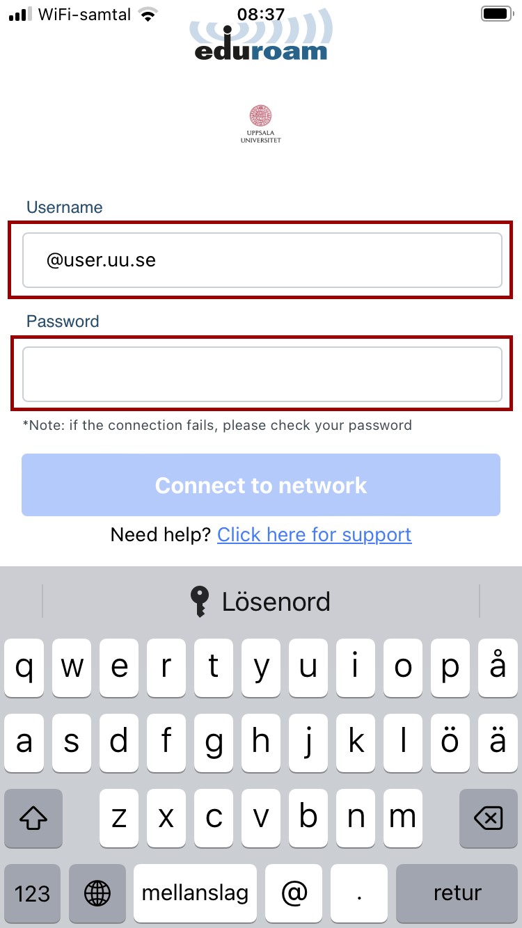 Sidan Användarnamn och lösenord.