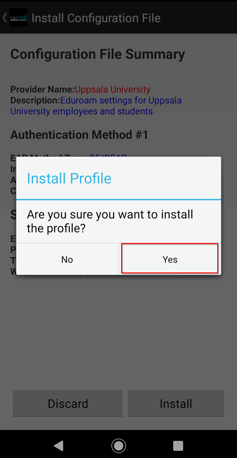 En kontrollfråga: Är du säker på att du vill installera profilen?