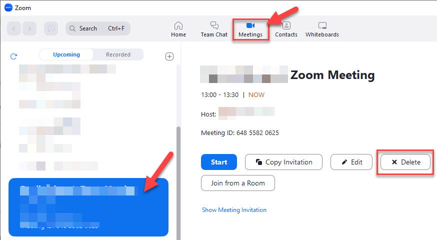 Zoom-appen under "Meetings" fliken.