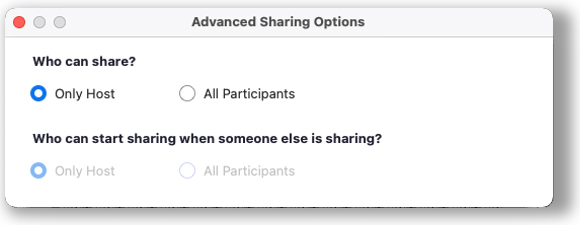 Bilden visar Advanced Sharing Options i ett Zoom-möte.