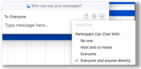 Bilden visar var du begränsar deltagares chatt-funktioner i ett möte.