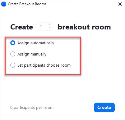 Fönstret Create Breakout Rooms.