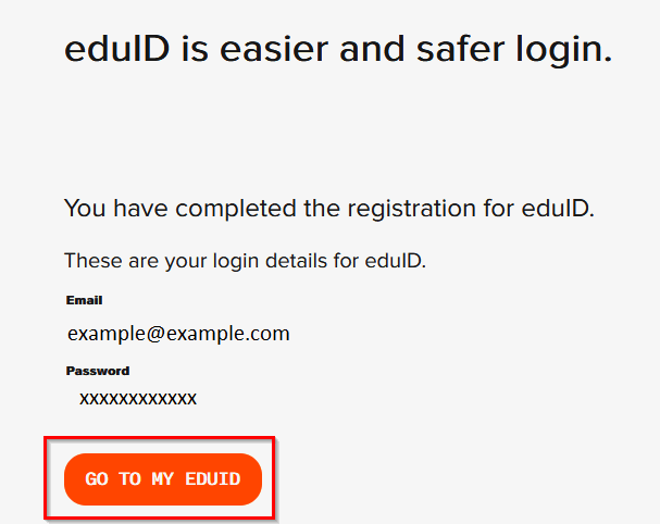 A message: You have completed the registration for eduID. These are you login details for eduID.