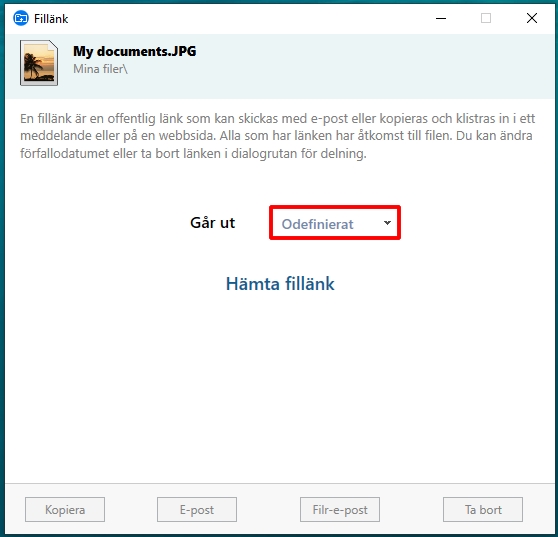 Fillänk (File link) window.