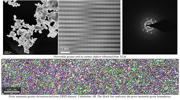 A collection of images with three images of perovskite from the cleanroom at the Ångström Laboratory and one image (EBSD map) from the laboratory at Uddeholms AB.