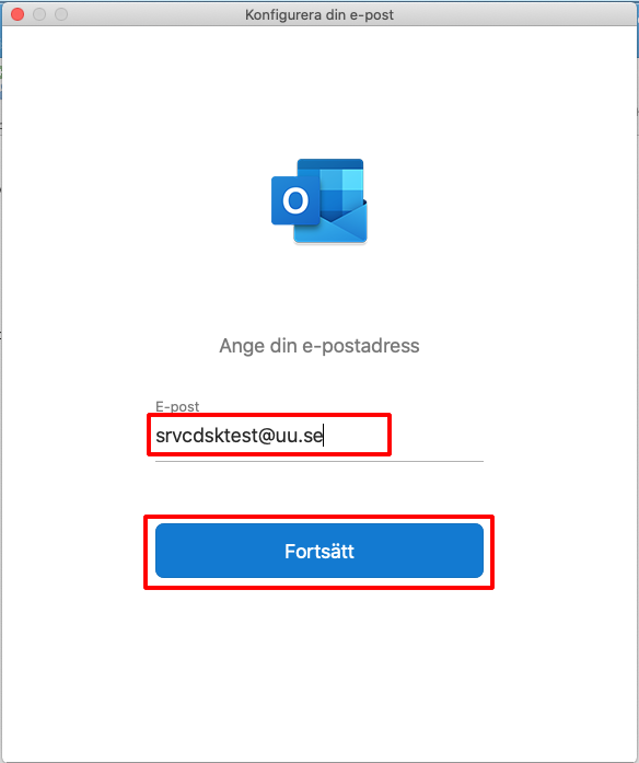Fönstret Konfigurera din e-post med fält för e-post.