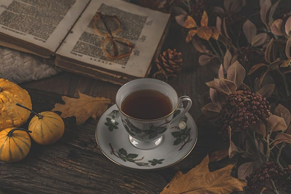 Old book, autumn leaves, small pumpkins and tea cup