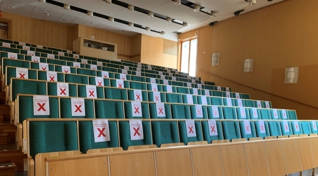 Seats at Friessalen at the Evolutionary Biology Centre have been marked to ensure physical spacing