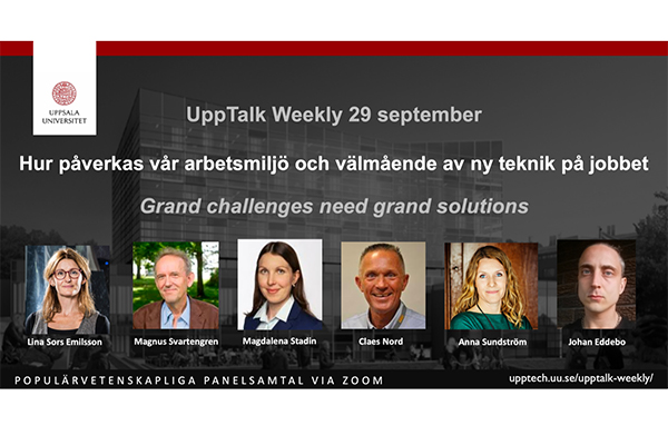 Personporträtt på paneldeltagarna på bakgrundsbild med Uppsalas stadssiluett.
