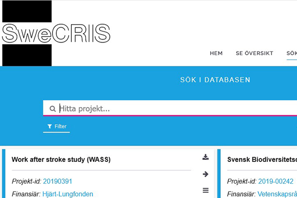 Skärmbild på www.swecris.se.
