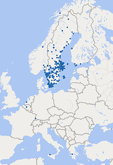En karta som visar stor spridning av deltagare över hela Sverige.