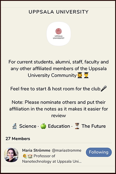 Socialmedie-appen Clubhouse med Uppsala universitets klubbrum