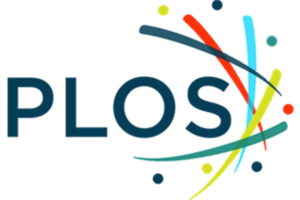 PLOS logo with five lines and seven dots in different earth colours.