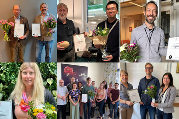 Combination of six small pictures of people standing with diplomas and flowers in their hands and looking into the camera smiling.