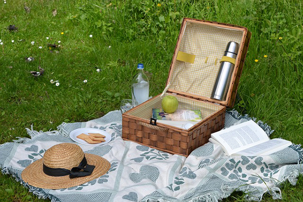 Blanket on the grass with picnic basket, straw hat and an open book